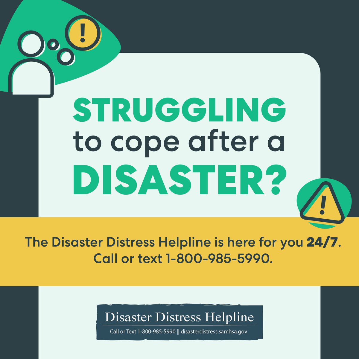 Feeling overwhelmed after a #disaster? Reach out to the national @Distressline for emotional support anytime, anywhere. Call or text 1-800-985-5990 to be connected with a trained, caring crisis counselor. #MHAM