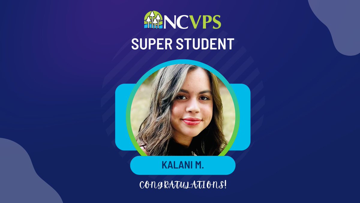 Meet Super Student Kalani! ⭐ She loves singing 🎼 and writing ✍ and spending time with her friends and family! She hopes to become a therapist! Congratulations! ncvps.org/meet-super-stu… #WeAreNCVPS #NorthCarolina #VirtualLearning #OnlineLearning #SuperStudents #NCVPS