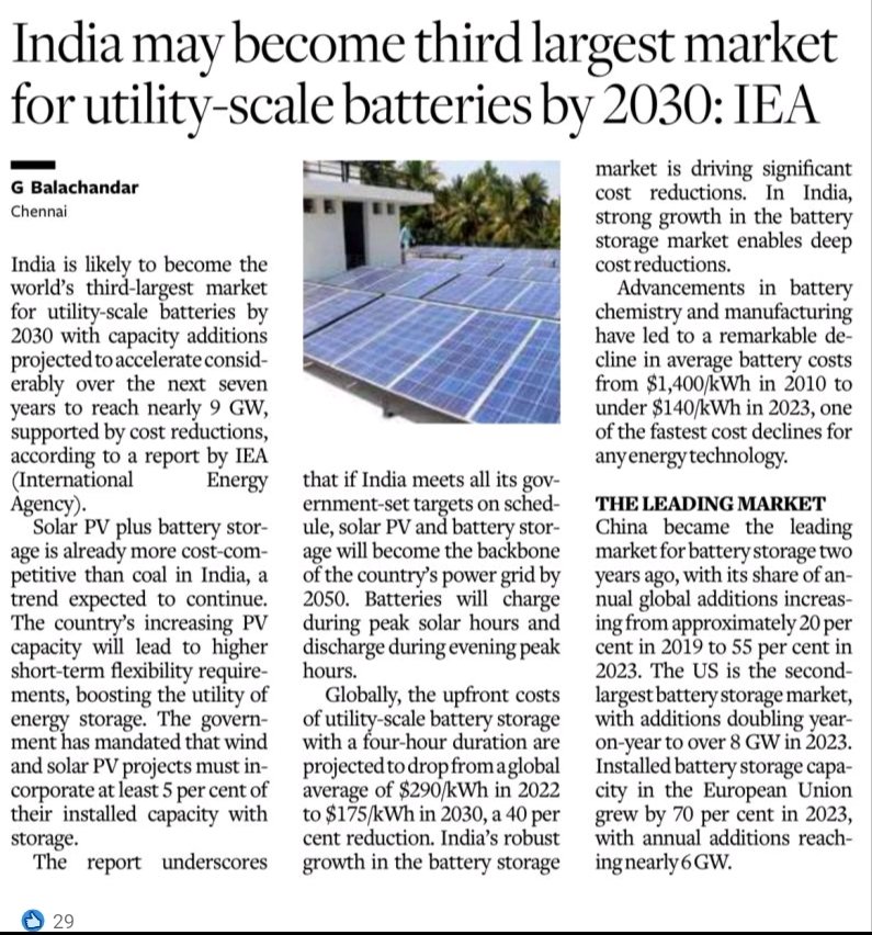 India may become third largest market utility -Scale battery by 2030 :IEA

✍️China become the leading for battery storage 2 years ago

✍️ decline average battery Cost
      2010~1400 KWh
      2023 ~140 KWH
Global average Price $ 290 KWH in 2022 .

#RE ,#Batterystorage