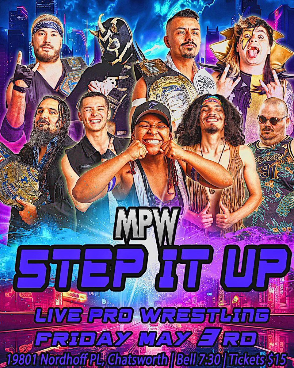 This Friday! MPW Step It Up! 

Don’t miss another action packed Friday night at the MPW arena! 

Main event! Diego Valens defends the MPW Title against Zara Zakher! 

Also in action! @RealSuperBeetle @TheBarbieBoii @RayRosas @The_Rebel_Storm and more!