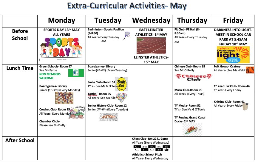 Our final extra curricular timetable for the year! Students are looking forward to Sports Day on Monday 13th May and we are also organising our very own @stpaulsg Darkness into light on Friday 10th May at 5:45am!