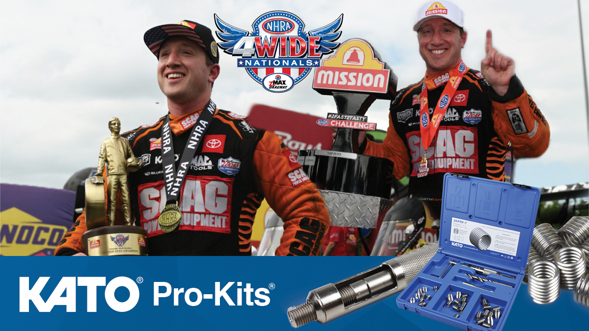🏁🏆🏆 Congratulations to KATO sponsored @TheJustinAshley & @SCAGRacing for winning both Mission #2Fast2Tasty and @NHRA #FourWideNats 👊Don't let damage threads hold you back! Be a Winner! Use KATO Pro-Kits TODAY! shorturl.at/cdDMU 🔩#fasteners✈️ #aerospace 🏭#manufacturing