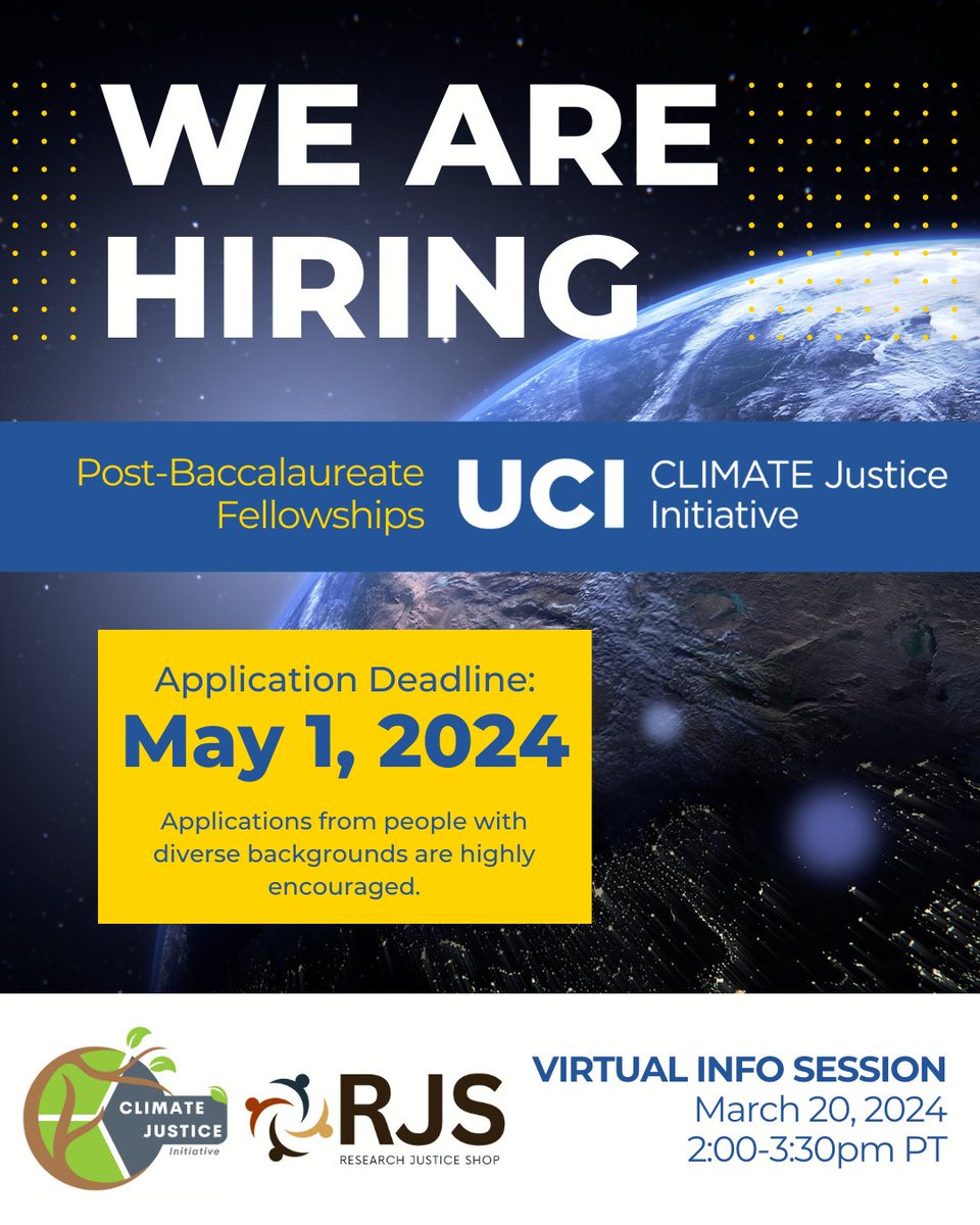 Are you a recent geoscience graduate (BS/BA 2023 or 2024) interested in climate science, community-engaged research, and environmental justice!? The deadline to apply for our PAID one-year Climate Justice (@UCIClimateEJ) postbac fellowships is TOMORROW, May 1st!