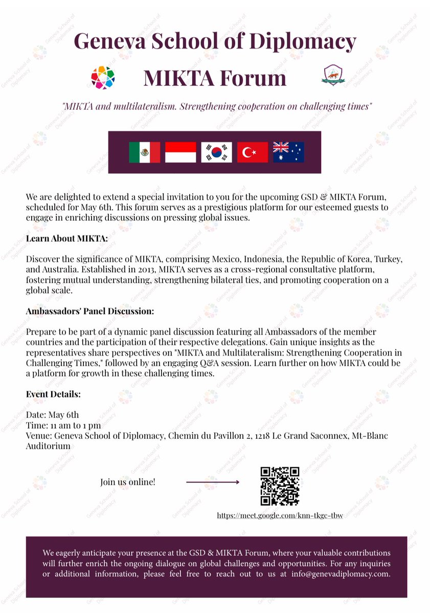 Do not miss it! 🙌
Upcoming discussion '#MIKTA & multilateralism. Strengthening cooperation on challenging times' in partnership with @genevadiplomacy 
🗓 6 May
🕐 11-13 hrs
📍 Geneva School of Diplomacy & online
How can 🇲🇽🇮🇩🇰🇷🇹🇷🇦🇺 foster understanding and cooperation?