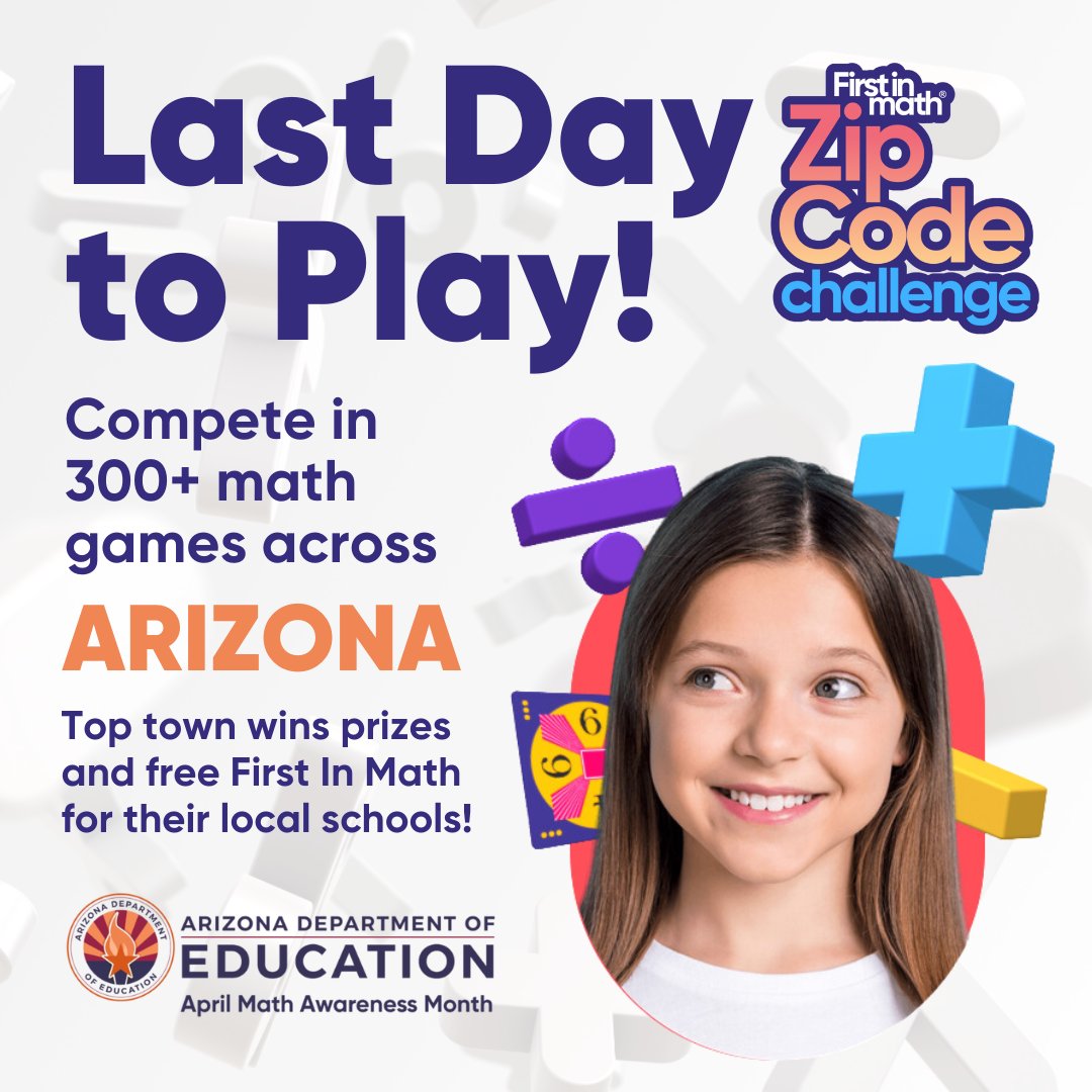 Today is the last day for Arizona students to play in the statewide Zip Code Challenge! 🥇 It's not too late to sign into #FirstInMath with U: 'your zip code' and PW: lovemath 🌟 @azedschools