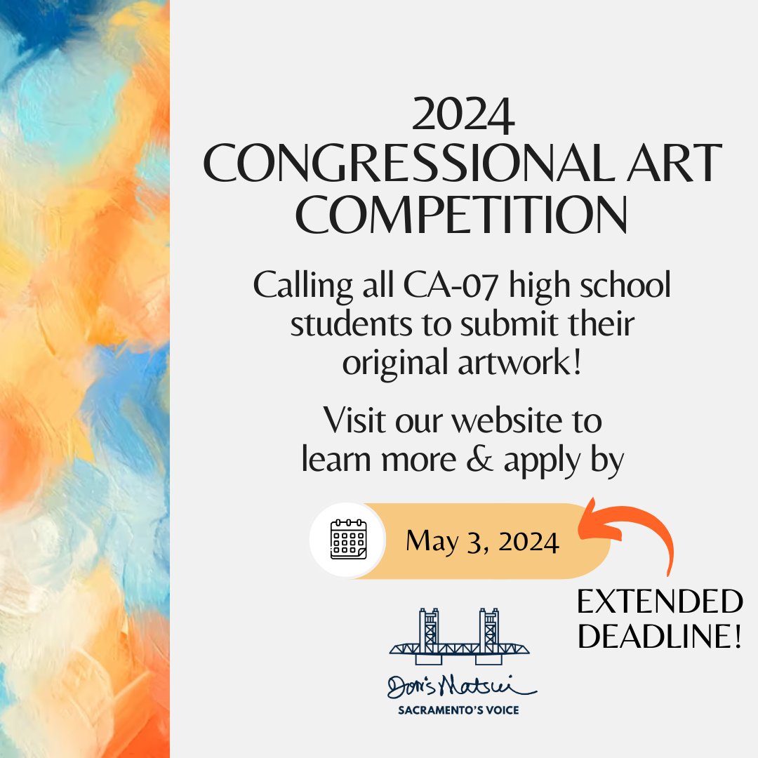 Are you a creative high school student? Join the 2024 Congressional Art Competition! Submission is open to high school students in the district until THIS FRIDAY, May 3. The winner's art will be displayed in the U.S. Capitol for one year! Enter here ⬇️ matsui.house.gov/services/congr…