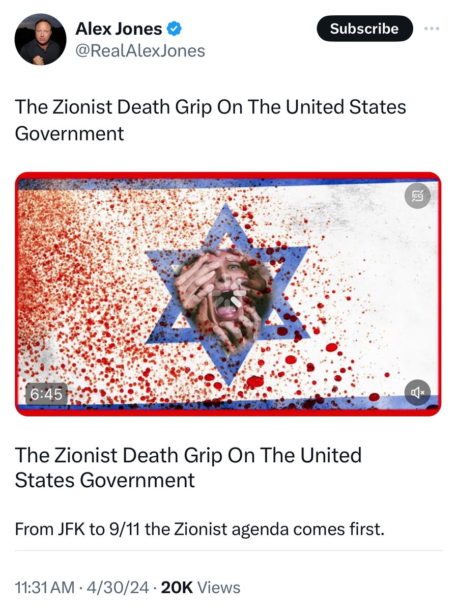 Alex Jones posts video from InfoWars detailing the “Zionist Death Grip” on American government.

Follow: @AFpost
