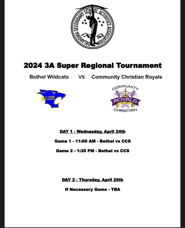 The Royals’ drive to the state tournament continues tomorrow with a Super Regional doubleheader at Bethel! 📍Bethel High School (address in link below) ⏰11:00am/1:30pm 🎟️ $10 cash/$7 via GoFan: gofan.co/event/1511983?…