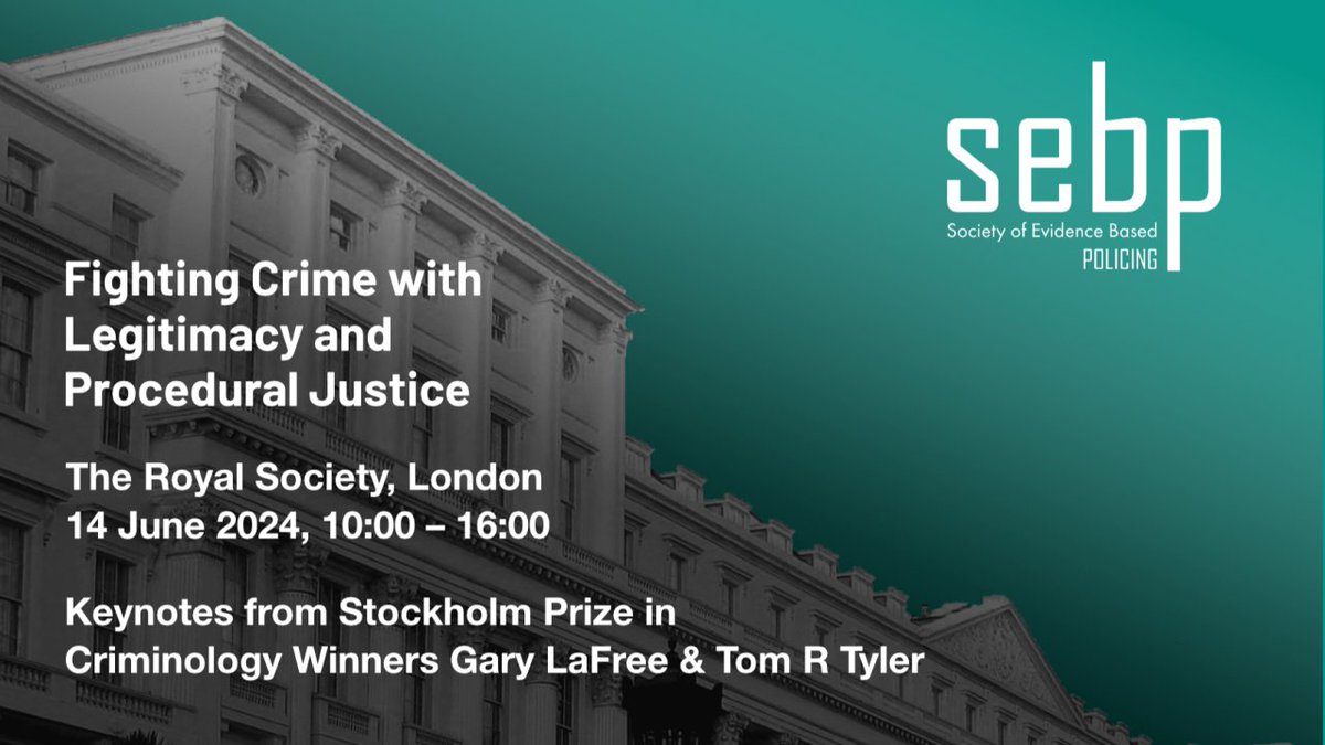 Amazing speakers for this 1 day event. Tickets now available (lnkd.in/gwgam59Q) legitimacy and trust in policing at the Royal Society in London. Keynote speakers include Stockholm Prize in Criminology winners Tom R Tyler and Gary LaFree.