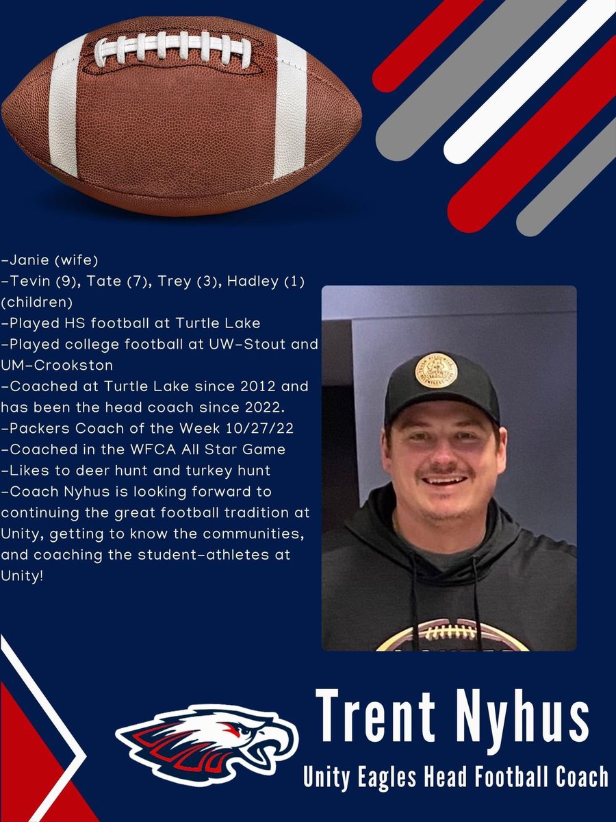 UnityEaglesFootball (@unityhsfootball) on Twitter photo We have a new Head Football Coach at Unity! Please take some time to read about Coach Nyhus and welcome him to our commUnity! <a href="/CoachNyhus/">Trent Nyhus</a> @travisWSN We have a new Head Football Coach at Unity! Please take some time to read about Coach Nyhus and welcome him to our commUnity! <a href="/CoachNyhus/">Trent Nyhus</a> @travisWSN