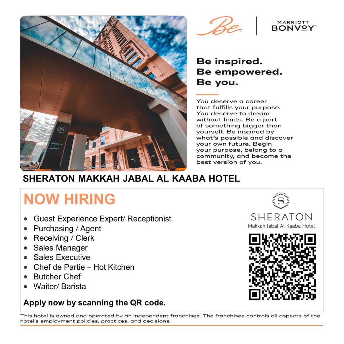 Join us in Sheraton Makkah Team by submitting your resumes via QR code.

*Priority applicants must currently reside in the kingdom.

#makkahhiring #hiring #MakkahJobs #hoteljobs