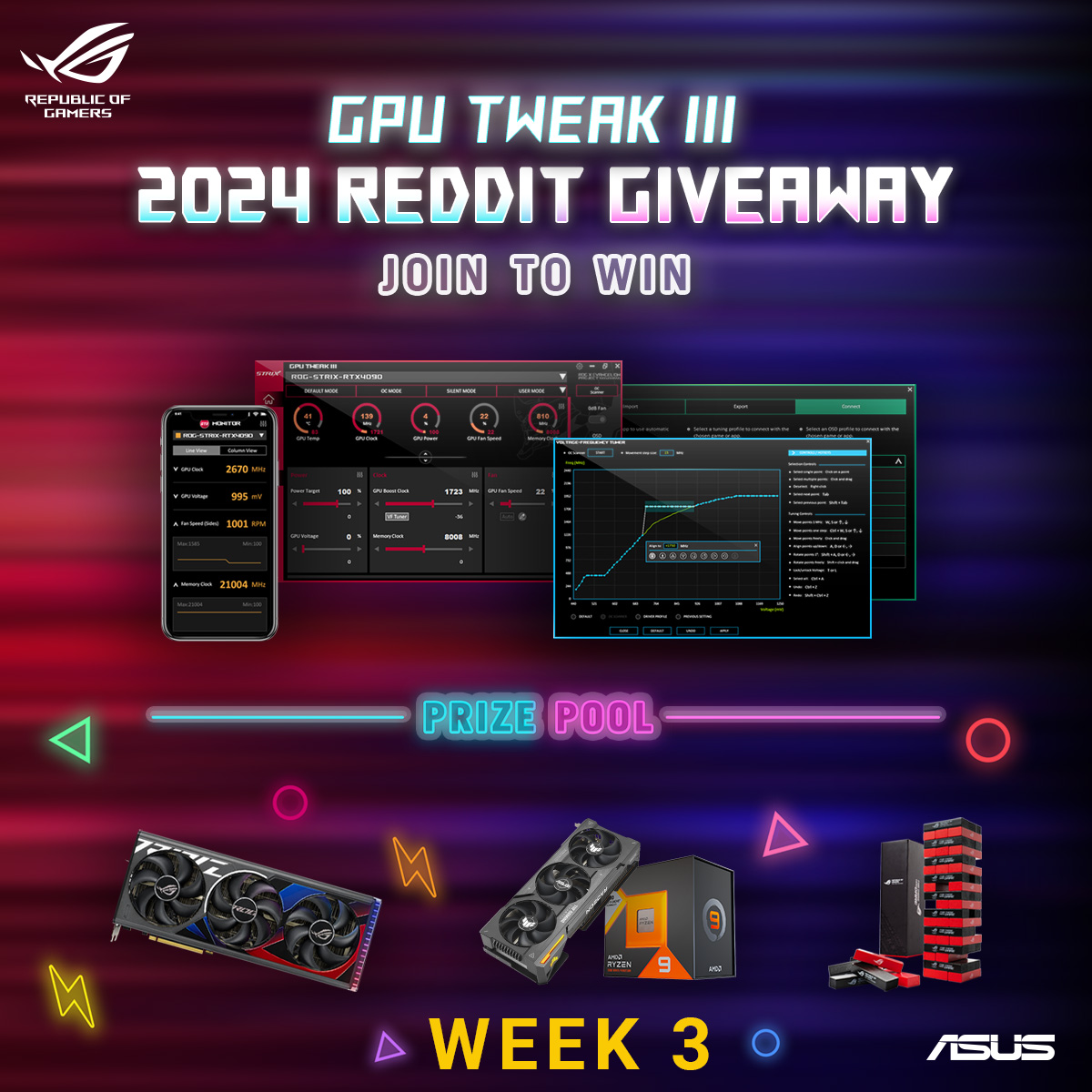 Week 3 of the WORLDWIDE ASUS ROG x PCMR giveaway event! ➡️redd.it/1cgwxqg Now we're focusing on Monotoring your hardware with GPU Tweak III ! Enter to win an ROG STRIX RTX 4080 SUPER, a TUF Gaming RX 7900 XT, a Ryzen 9 7950X3D, and many other ASUS ROG Goodies! 🥳