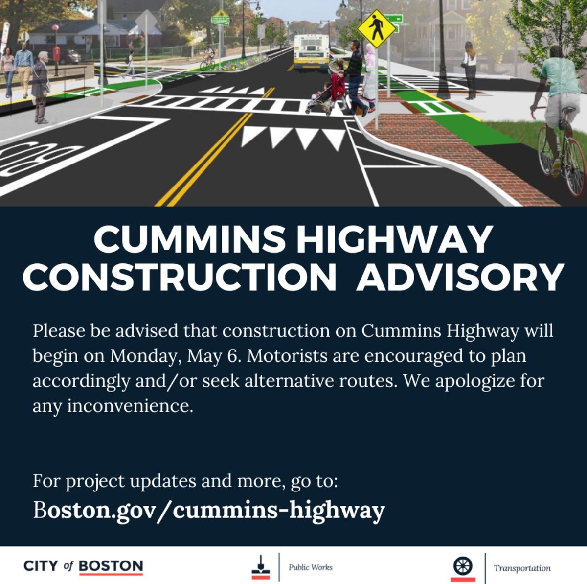 🚧 🦺 Please be advised that construction on Cummins Highway will begin on Monday, May 6. Please plan according and/or seek alternative routes. To learn how we’re building a more accessible, safer & greener Cummins Highway in #Mattapan, go to: Boston.gov/cummins-highway