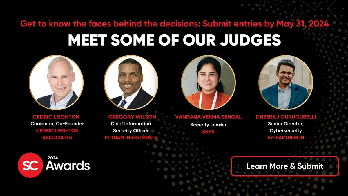 Meet our diverse 2024 SC Awards judges: industry leaders in Cyber Risk Management, Warfare Systems, and more from top organizations like EY-Parthenon, Snyk, and Cedric Leighton Associates. The #SCAwards celebrates excellence, submit your entries today bit.ly/49jPJFI