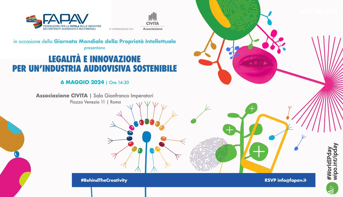 ANICA (@anicasocial) on Twitter photo Lun 06/05, in occasione del #WorldIPDay, si terrà presso l’Associazione Civita a Roma l’evento “Legalità e innovazione per un’industria audiovisiva sostenibile”. Il discorso introduttivo sarà tenuto dal Presidente #ANICA <a href="/RutelliTweet/">Francesco Rutelli</a>.
R.s.v.p.: info@fapav.it Lun 06/05, in occasione del #WorldIPDay, si terrà presso l’Associazione Civita a Roma l’evento “Legalità e innovazione per un’industria audiovisiva sostenibile”. Il discorso introduttivo sarà tenuto dal Presidente #ANICA <a href="/RutelliTweet/">Francesco Rutelli</a>.
R.s.v.p.: info@fapav.it