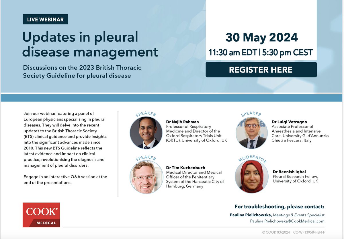 Join our upcoming webinar: Updates in Pleural Disease Management and listen to a panel of physicians discuss the updated 2023 British Thoracic Society Guidelines for pleural disease and what they mean for you. Register now ➡️ register.cookevents.com/event/3bbdc412…