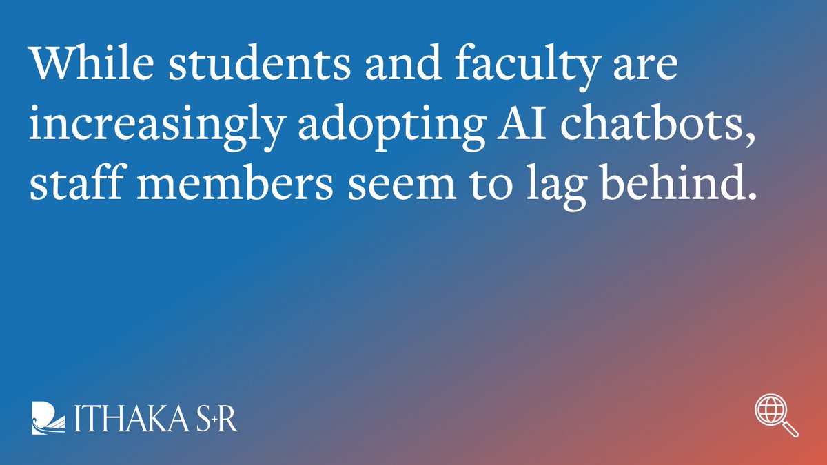 A @BryantUniv study found that approximately 21% of faculty and 28% of students reported being extremely or very familiar with using AI chatbots, while only 8% of staff reported the same familiarity. Read more on #AI usage in #highered: sr.ithaka.org/blog/ai-chatbo…