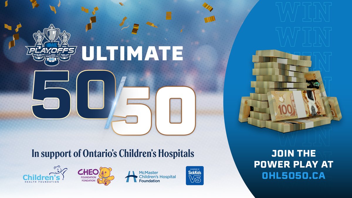 The #OHL is proud to support all four of Ontario's Children's Hospitals with the #OHLPlayoffs Ultimate 50/50! Get your tickets before May 23rd for your chance to win! BUY TICKETS 🎟️: ohl5050.ca