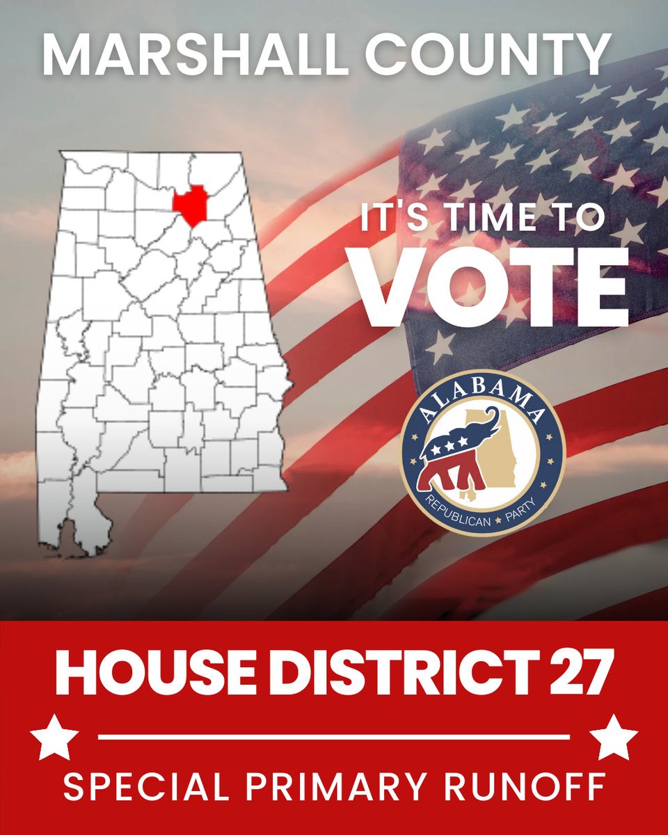 🗳️ Hey Marshall County residents! Today's the day to make your voice heard in the special primary runoff election for Alabama House District 27. Your vote matters! Head to the polls and cast your ballot. Let's shape the future together. Have you voted yet? #ElectionDay #VoteNow