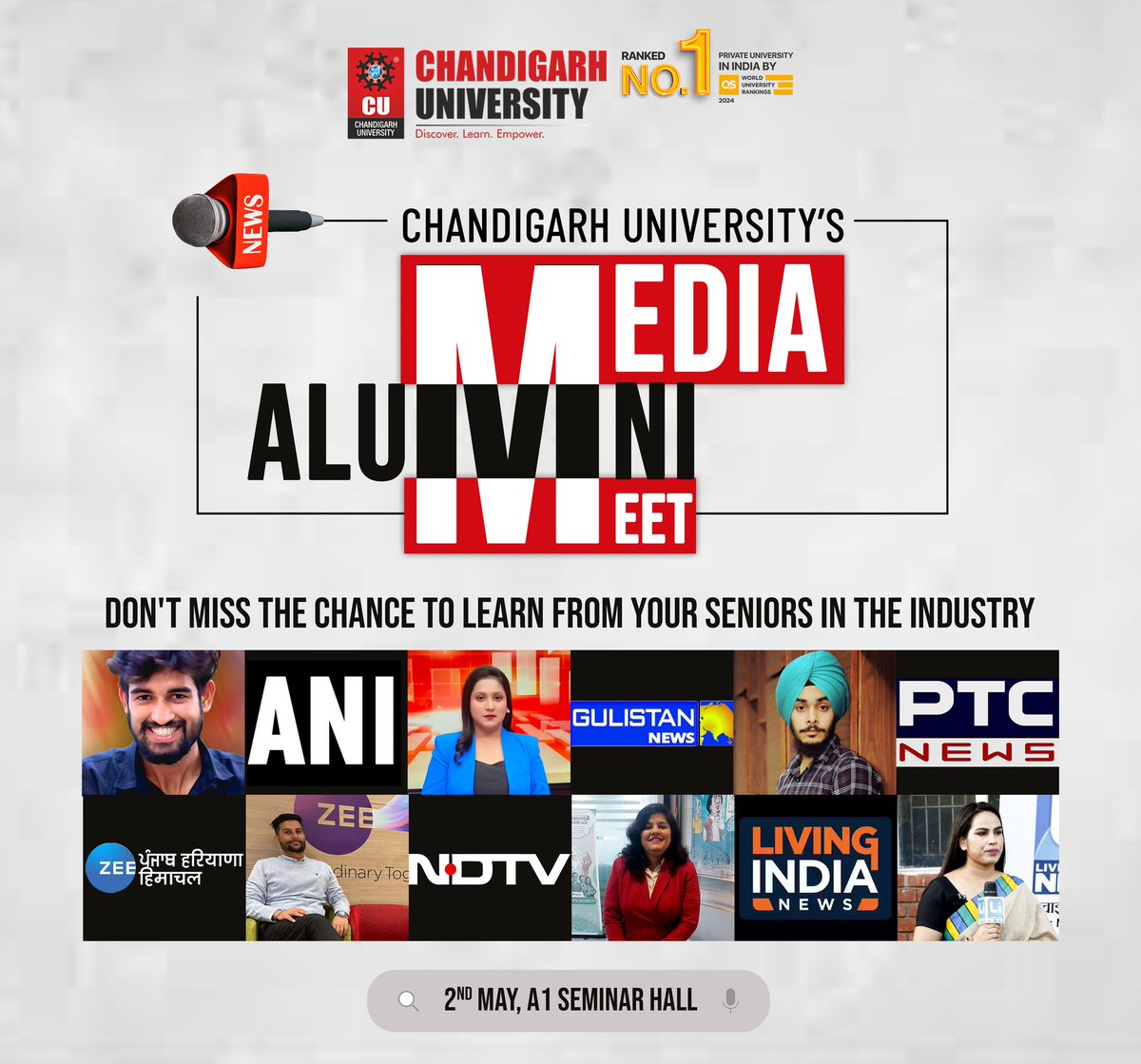 Chandigarh University presents the Media Alumni Meet, where wisdom meets experience and inspiration ignites careers!
Join us as CU Alumni from renowned media outlets converge on campus to share their invaluable insights and experiences.
#chandigarhuniversity #mediastudies