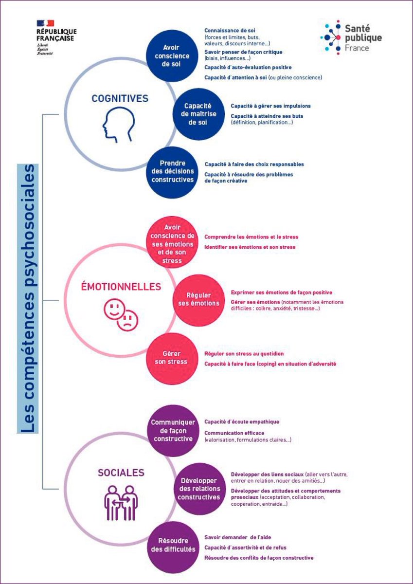 #Enseignement #compétences #CPS 
Cette infographie détaille les compétences cognitives, émotionnelles et sociales qui constituent les compétences psychosociales @SantePubliqueFr 👍santepubliquefrance.fr/maladies-et-tr…