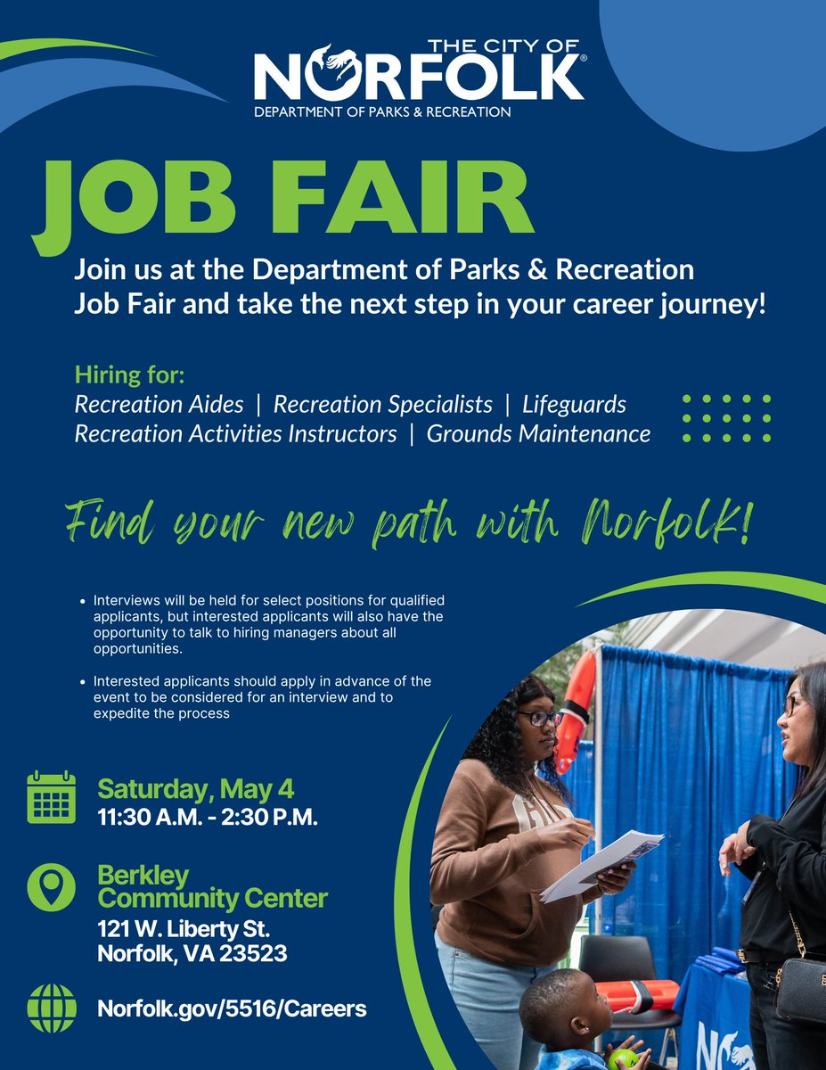 Join us THIS SATURDAY at the Norfolk Parks & Recreation Job Fair and take the next step in your career journey! Explore roles in Grounds Maintenance, Lifeguards, Recreation Aides, and more! 🌿🛟🏀 📅 Saturday, May 4 🕒 11:30 - 2:30p.m. 📍121 W. Liberty St. norfolk.gov/careers
