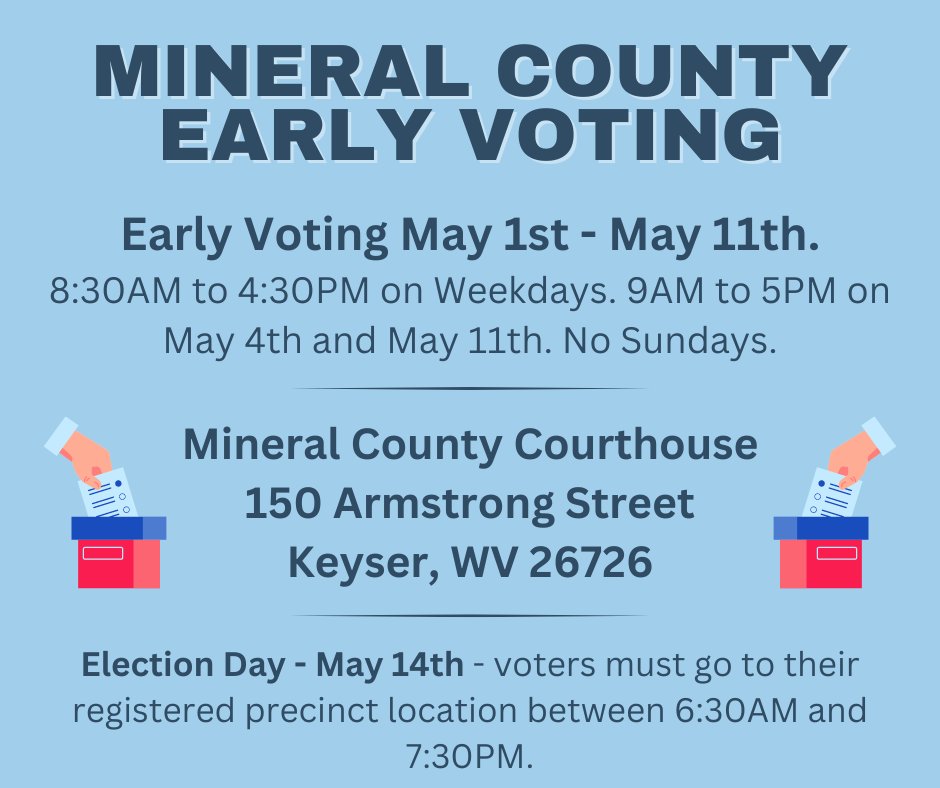 Early voting locations, times, and dates for Mineral and Hampshire counties. Please remember to VOTE, y'all!! #wvpol