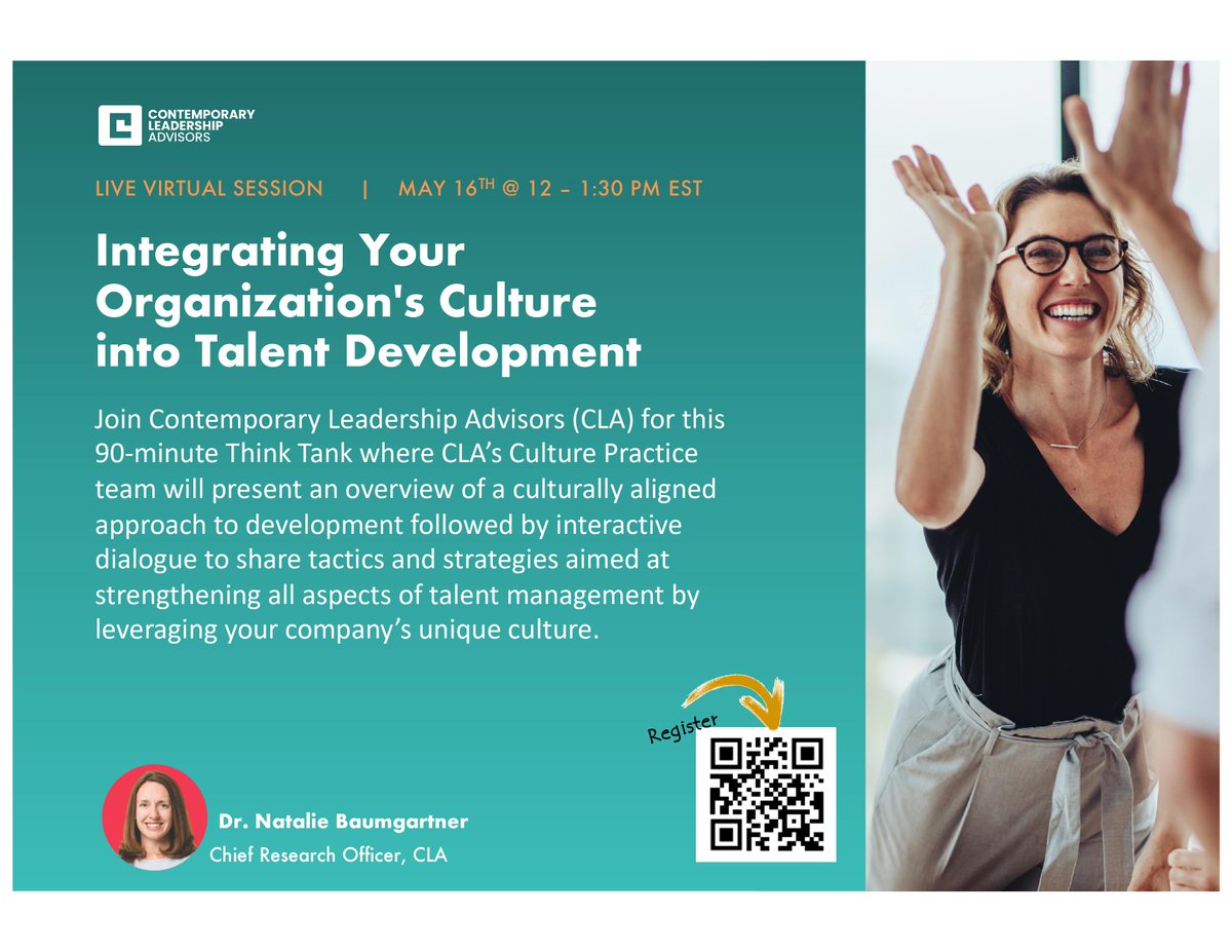 Calling leaders and change-makers! Join me on 5/16 12-1:30pm ET for a Think Tank “Integrating Your Organization’s Culture into Talent Development.” Unlock the potential of your talent management strategy by leveraging your orgs distinct culture. Register:tiny.cc/9hasxz