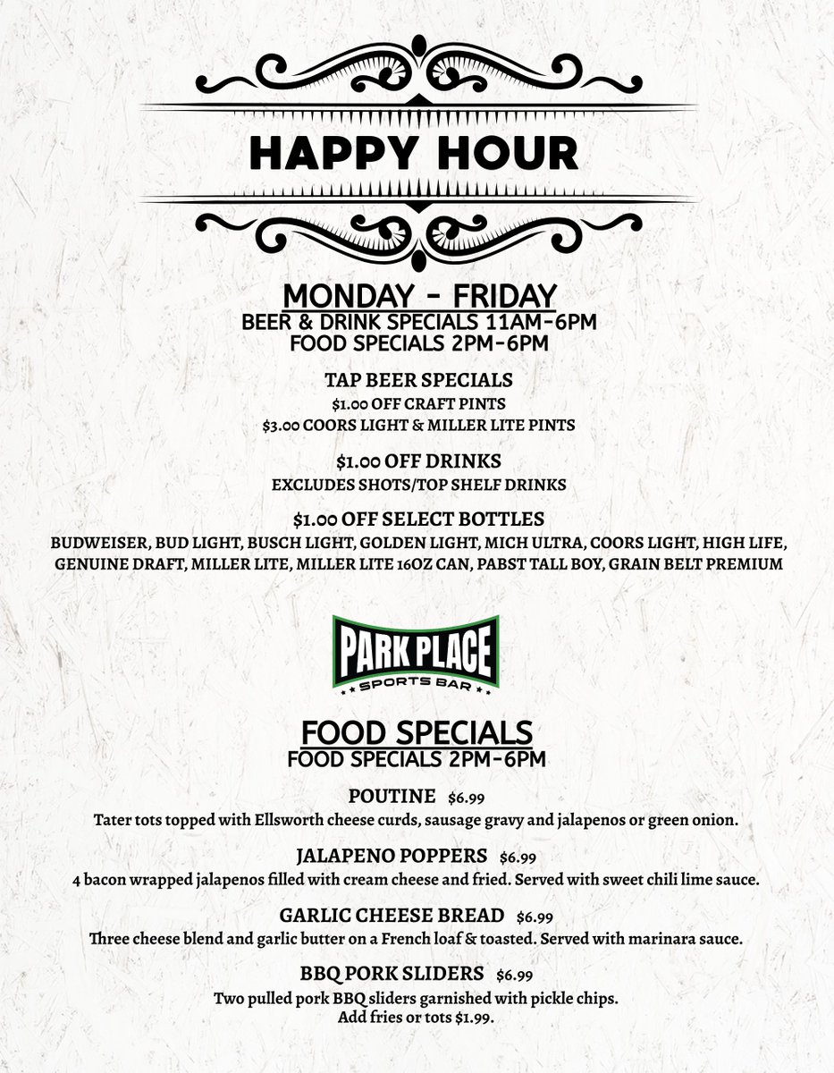 🍻Beer & drink specials until 6pm! Happy Hour eats 2-6pm! #dollaroffbeersdrinks #parkplacesportsbar #happyhour #foodspecials