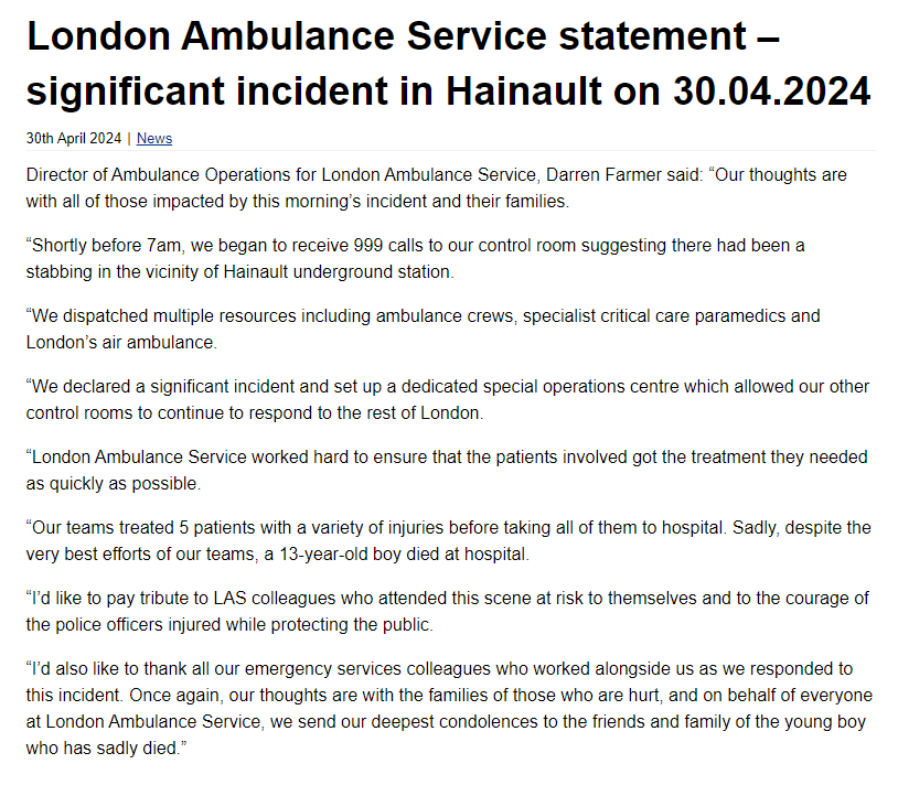 Our thoughts are with all of those impacted by this morning’s significant incident in Hainault. Read the full statement from Darren Farmer, Director of Ambulance Operations for London Ambulance Service: londonambulance.nhs.uk/2024/04/30/lon…