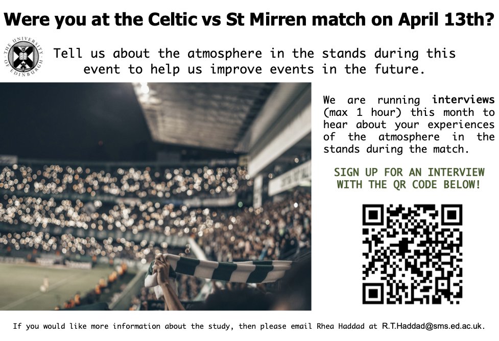 📢Are you a Celtic fan? Were you at the Celtic vs St Mirren match on April 13th? We want to hear your views on what makes for a good atmosphere in the stadium! If you are over 16, then you can sign up for an interview here: edinburgh.eu.qualtrics.com/jfe/form/SV_6S… @CelticFCSLO @DrAnneTempleton