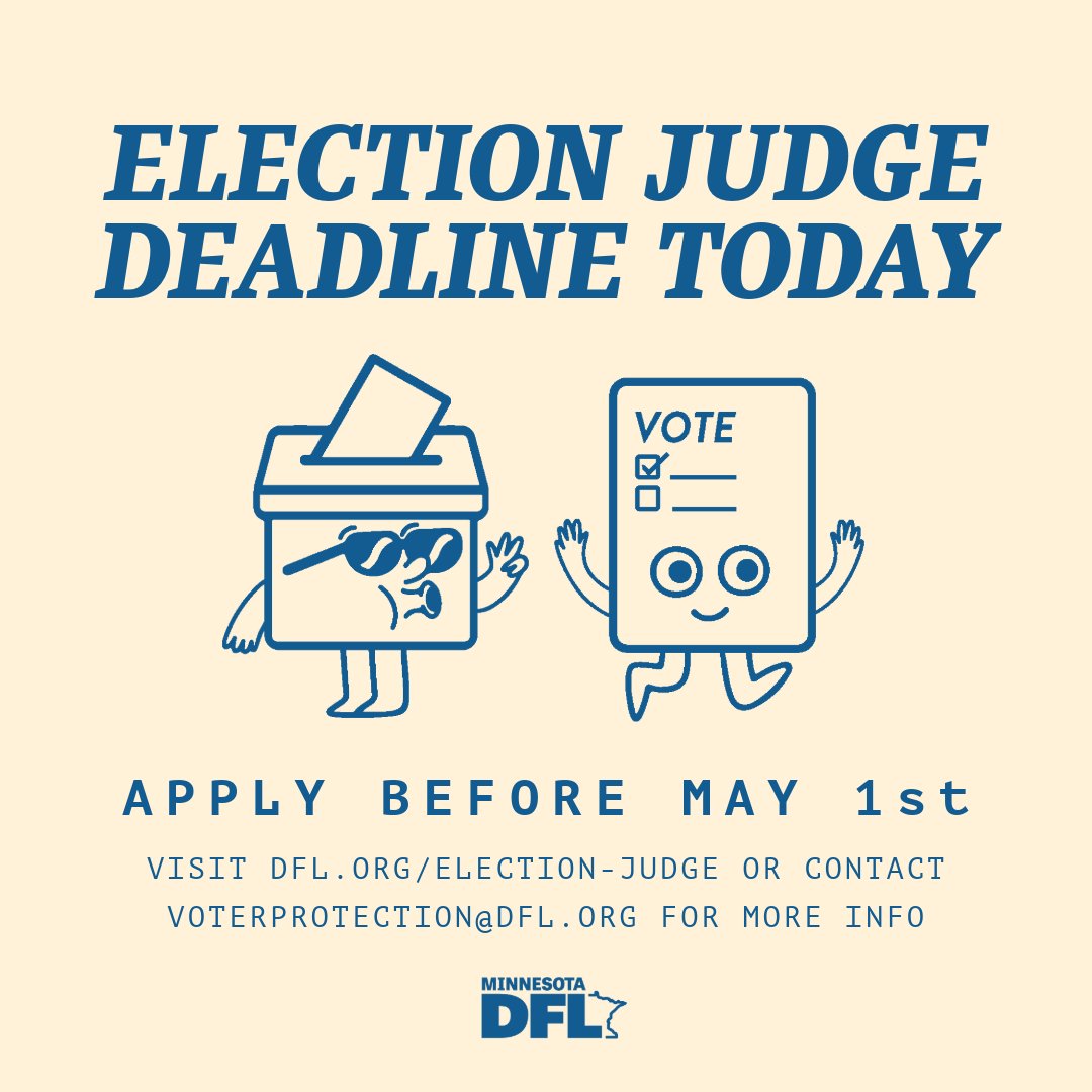 As many as 30,000 election judges will be needed across the state to assure a smooth election this fall. Today is the final day to sign up! Learn more about volunteering or sign up at dfl.org/election-judge!