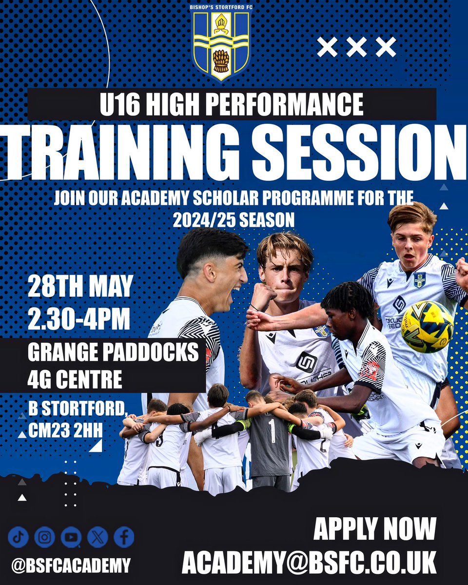 MAY HOLIDAYS TRAINING SESSION ⚽️ We will be running a high performance training session for Year 11/U16 players at our training facility in Bishop Stortford 🗓️ Tues 28th May ⏰ 2.30 to 4pm 📍 Grange Paddocks 4G Centre, Rye Street, CM23 2HH