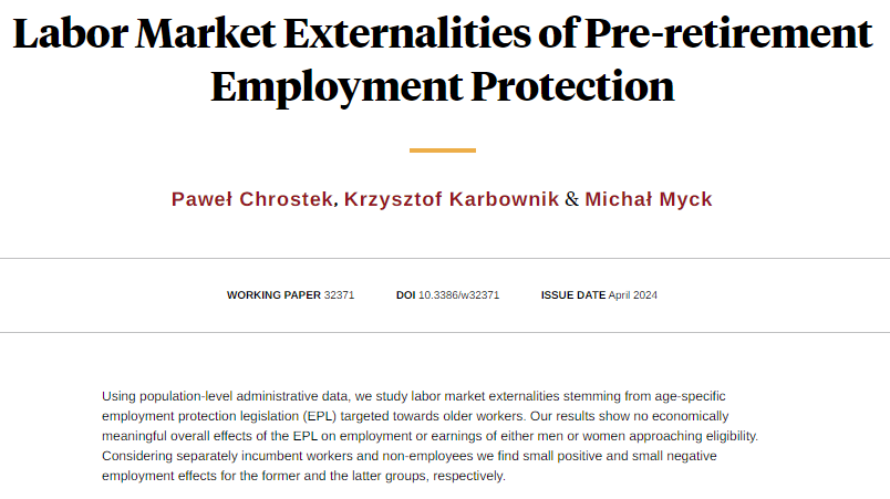 Pre-retirement employment protection legislation generates limited negative externalities on employment of soon to be covered workers, from Paweł Chrostek, @chriskarbownik, and Michał Myck nber.org/papers/w32371