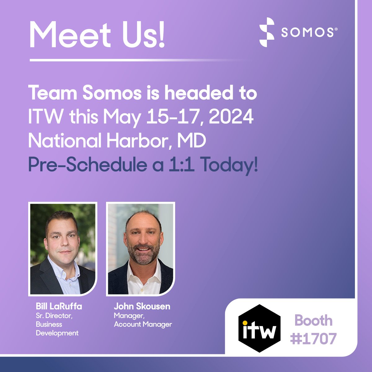 #TeamSomos is headed to the National Harbor for #ITW2024! If you're attending, we'd love to connect with you! Stop by Booth #1707 for a chat! If you'd prefer to pre-schedule a 1:1, visit calendly.com/d/2k7-vgm-pfk/… today to secure your spot. #GlobalConnectivity