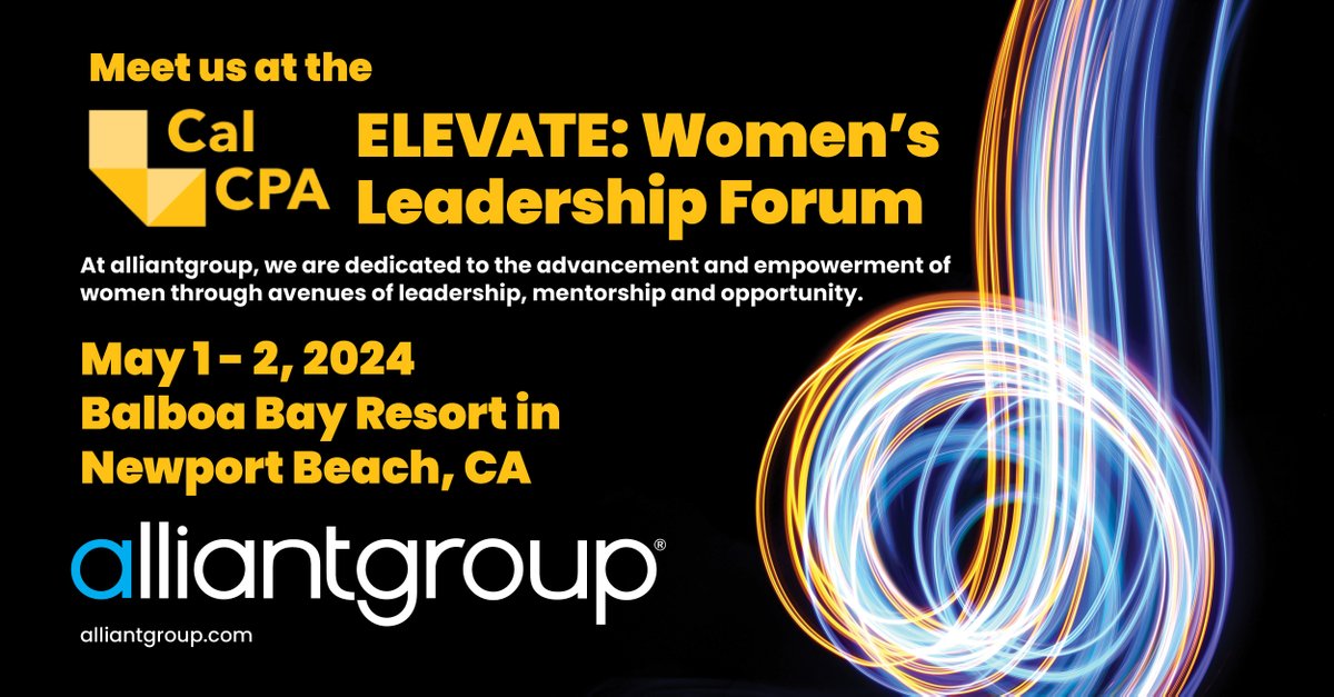 See you in Newport Beach! alliantgroup is looking forward to @CalCPA Elevate: Women's #LeadershipForum this week. Our team of amazing female professionals can’t wait to connect with California’s finest #CPAs, attorneys, and finance experts. Stop by alliantgroup booth and say hi!