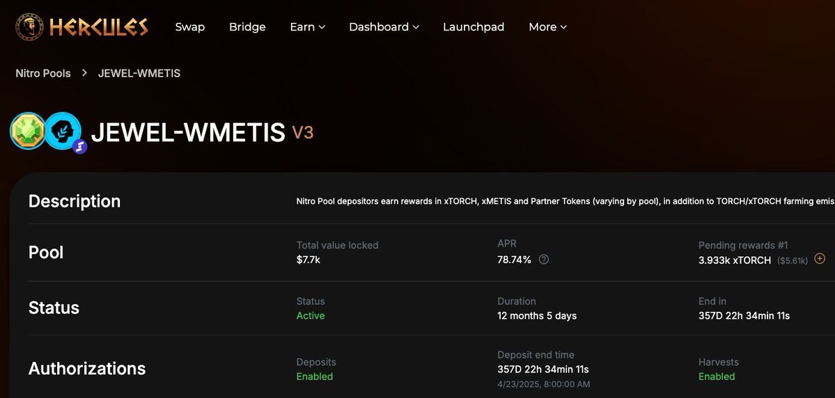 The new Nitro Pools on @TheHerculesDEX have boosted APRs for $JEWEL <> $METIS