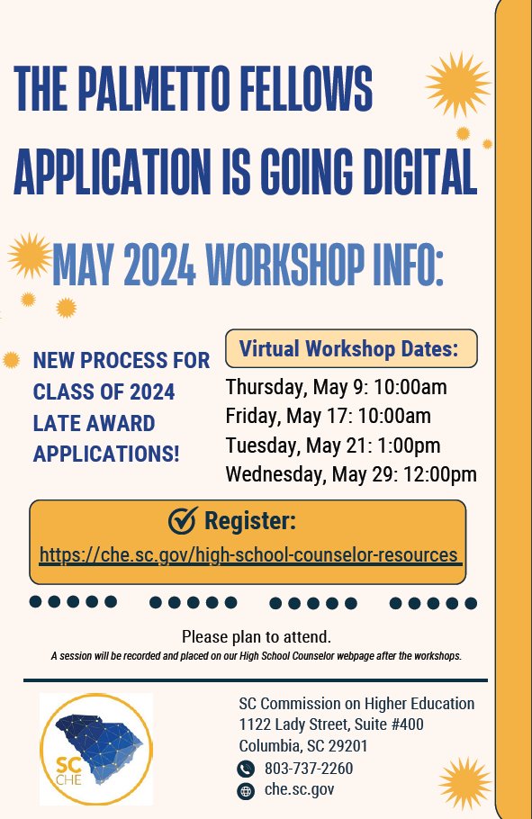 NEW IN SCHOLARHSIPS: The Palmetto Fellows Scholarship application process is going digital!🥳The CHE Student Affairs will be hosting four virtual workshops educate high school counselors on the new digital application process. Learn more here: che.sc.gov/high-school-co…