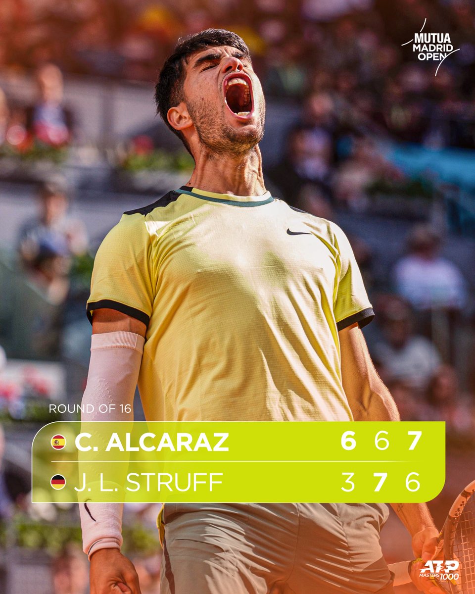 🧡 𝗠𝗔𝗗𝗥𝗜𝗗 𝗘𝗦 𝗦𝗨 𝗙𝗢𝗥𝗧𝗔𝗟𝗘𝗭𝗔 🧡 🇪🇸 @carlosalcaraz resiste ante Jan-Lennard Struff para presentarse en cuartos de final por tercer año consecutivo en la Caja Mágica. ⏩ El campeón de las dos últimas ediciones se medirá ahora a Rublev en el #MMOPEN.