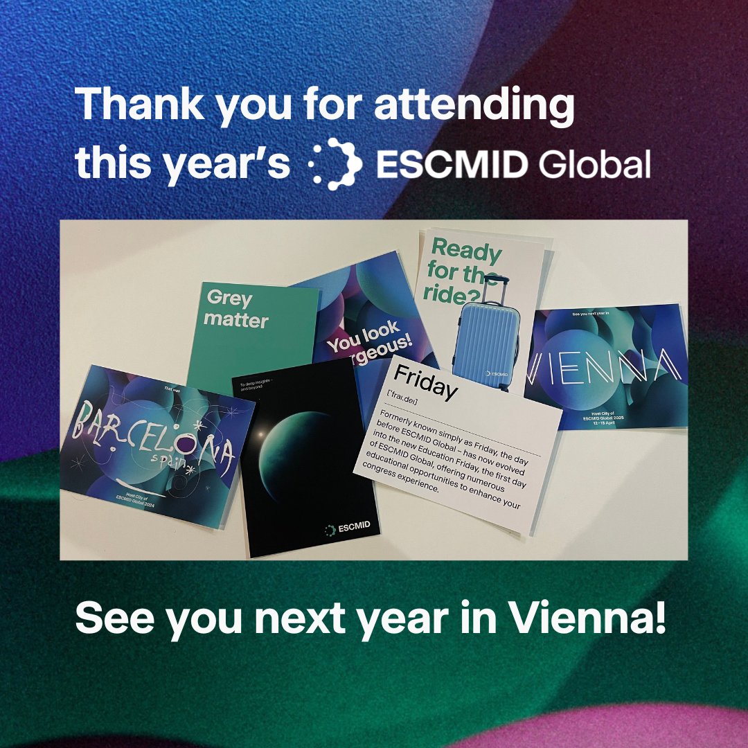 Thanks again for joining us at #ESCMIDGlobal2024! We hope you enjoyed #ESCMIDGlobal as much as we did. See you next year for the 35th edition of the congress which will take place in Vienna, Austria.