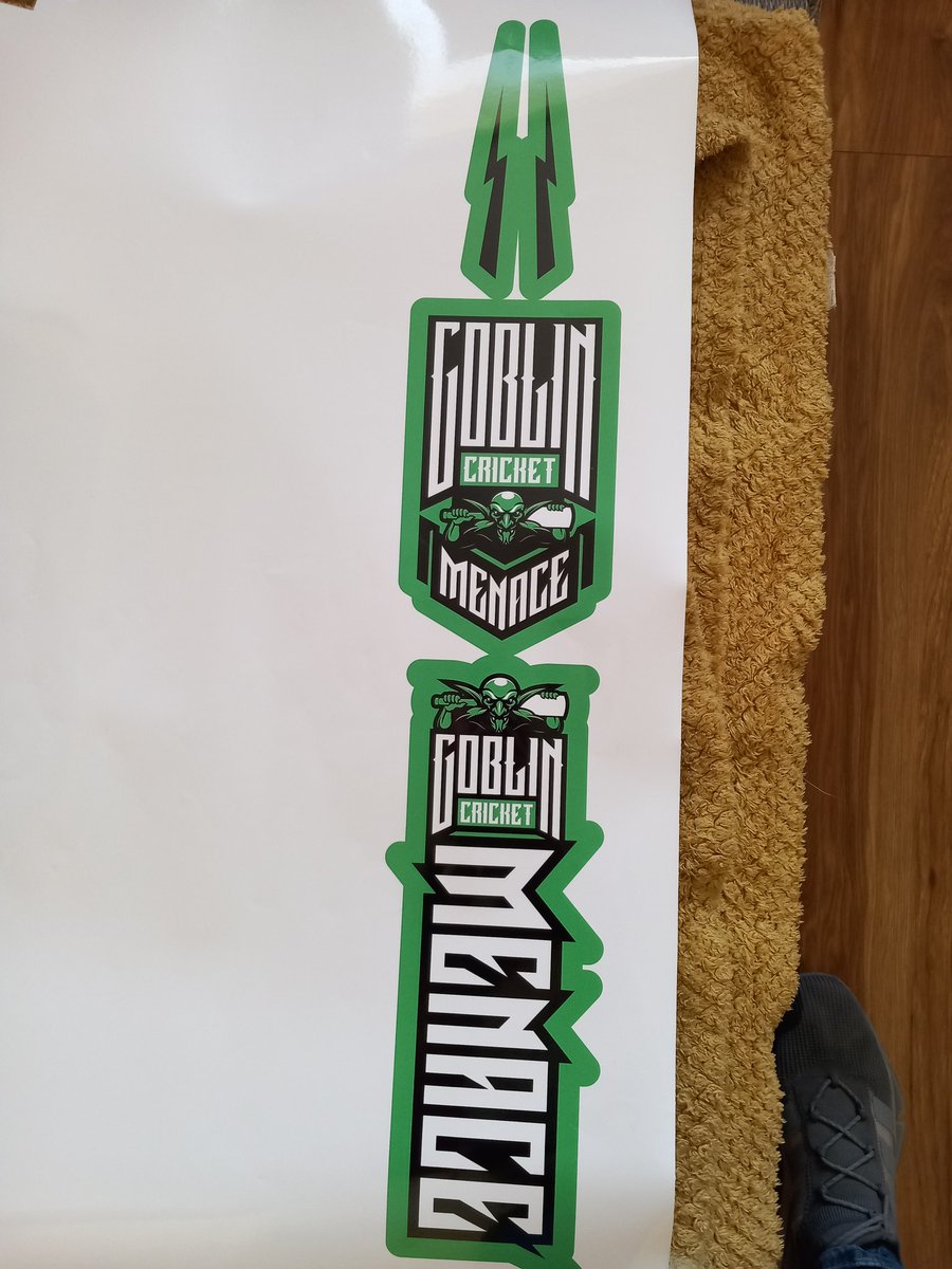 GoblinCricket's tweet photo. We have been working with Regan from @adventprintuk print to get our stickers printed on the best quality materials. Test print today, and I think they look brilliant. Time to get them on the bats. Cheers Regan. https://t.co/2xY9z7xUcK