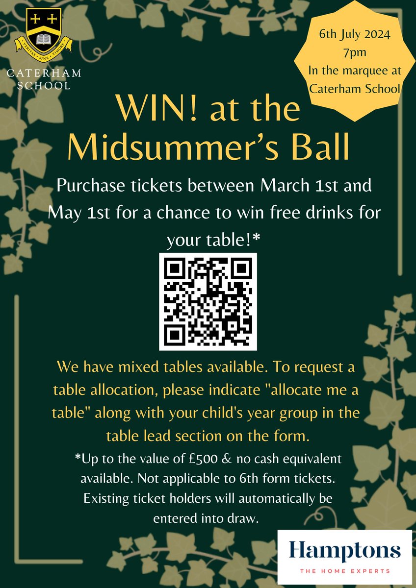 Today is your last opportunity to enter for a chance to win free drinks for your whole table at the Midsummer Ball! Book now! caterhamschool.co.uk/events/midsumm…