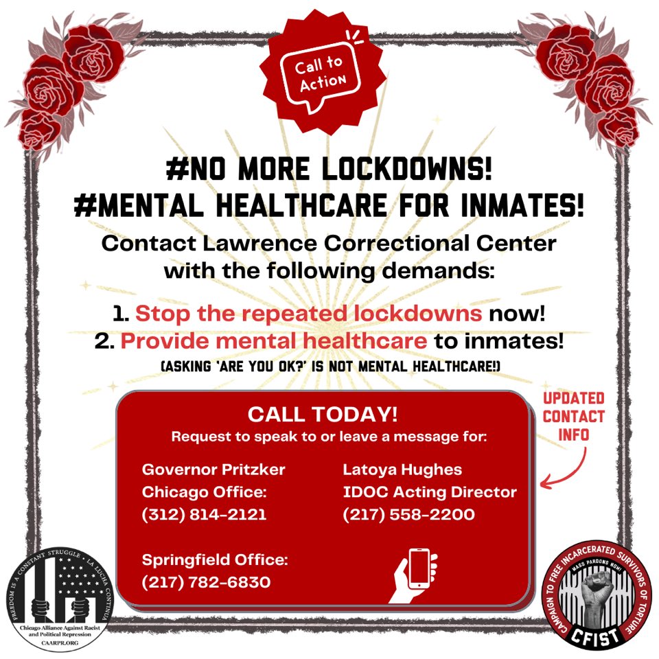 Families of the inmates at Lawrence Correctional Center are reporting that the population is experiencing mass mistreatment due to short staffing and overcrowding. 

Call Governor Pritzker, (312) 814-2121 or (217) 782-6830, IDOC Acting Director Latoya Hughes (217) 558-2200
