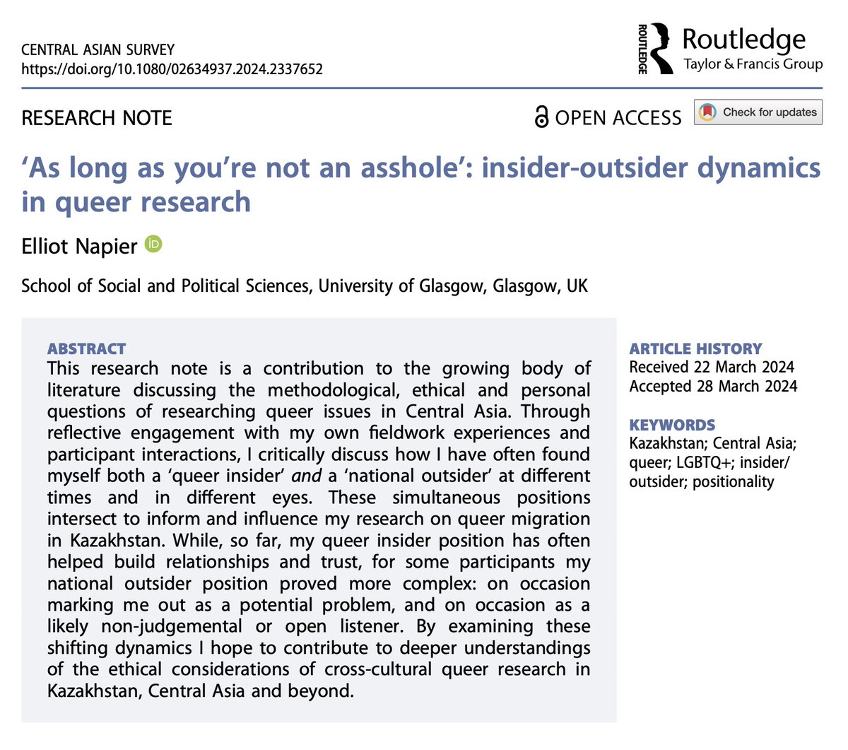 I'm super pleased that my very first academic publication is out today! ''As long as you're not an asshole': insider-outsider dynamics in queer research' is published online open-access today in @CA_Survey A very personal reflection on my work and research, link in replies 👇