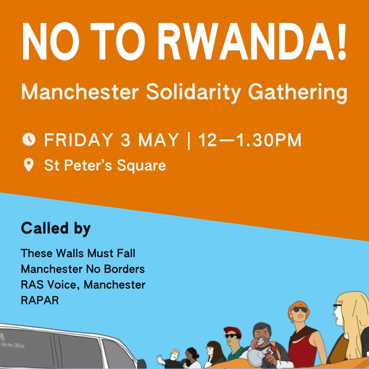 🚨🚨🚨#Manchester!🚨🚨🚨

Please share widely!

Join These Walls Must Fall (@wallsmustfall), Manchester No Borders (@nobordersmcr), RAS Voice (@VoiceRas) and RAPAR (@rapar_uk) for our Solidarity Gathering. 

⭐️Friday 3 May, 12-1:30pm, St Peter's Square.⭐️

#NoOneIsIllegal