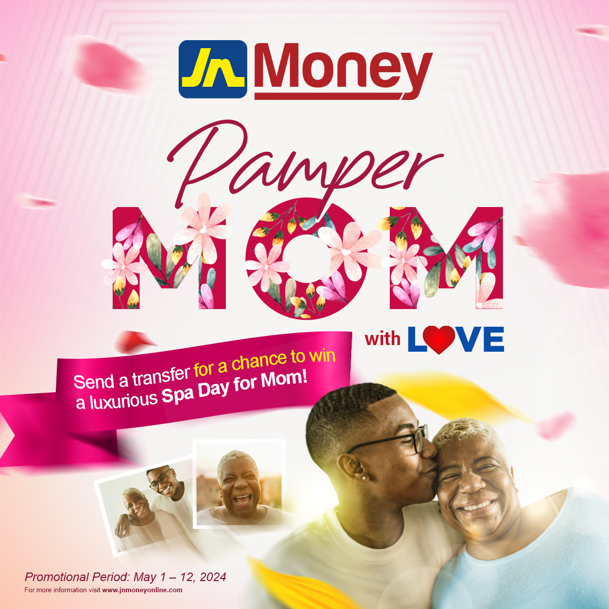 Pamper Your Mom with Love for Mother’s Day!💐 Treat her to a luxurious Spa Day on us. Simply send a JN Money transfer between May 1 - 12, 2024, and get automatically entered to win! Open to our customers in the USA, Canada & the Caribbean. #PamperMomWithLove #JNMoney #MothersDay