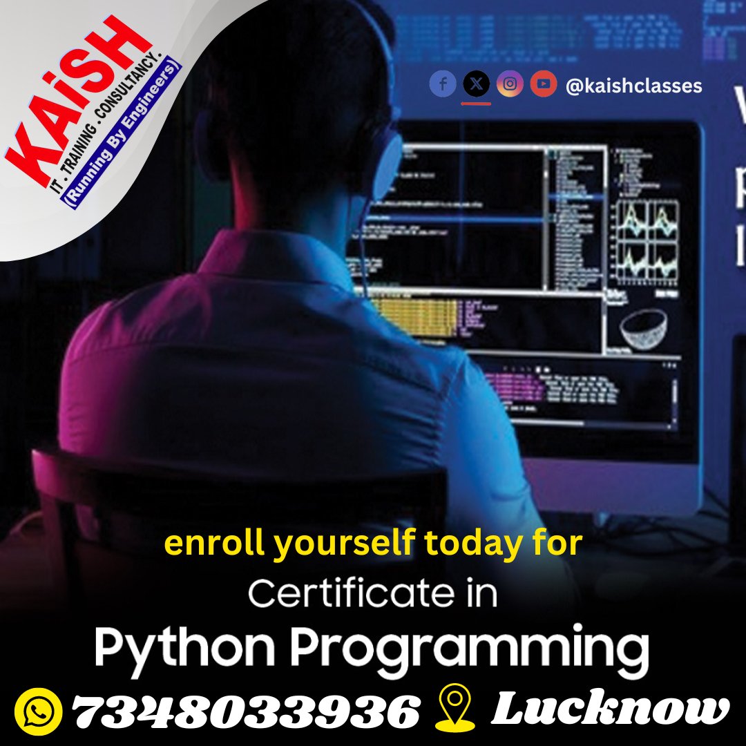 enroll yourself today for #certificate in #pythonprogramming  at #KAiSHComputerInstitute , #aliganj, #Lucknow 

Call @ 7348033936

#coding #CodingClasses #codingcourse #learncoding #learncode #bestinstitute #no1computertraininginstitute #No1ComputerInstitute #No1Institute #best