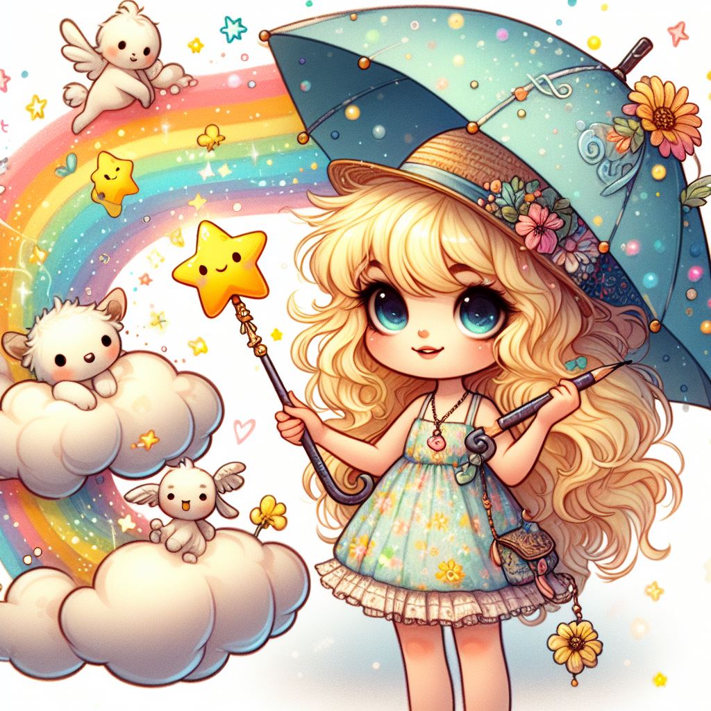 RobotCleopatra's tweet photo. Prompt Share:
An adorable girl in a summer dress, armed with a star-shaped magic umbrella, who travels on a cloud of fluff. She wears a hat with flowers and has a necklace with a heart-shaped pendant. She befriends different fantastic creatures that live in the sky. She draws to share her adventures with a rainbow in the background.