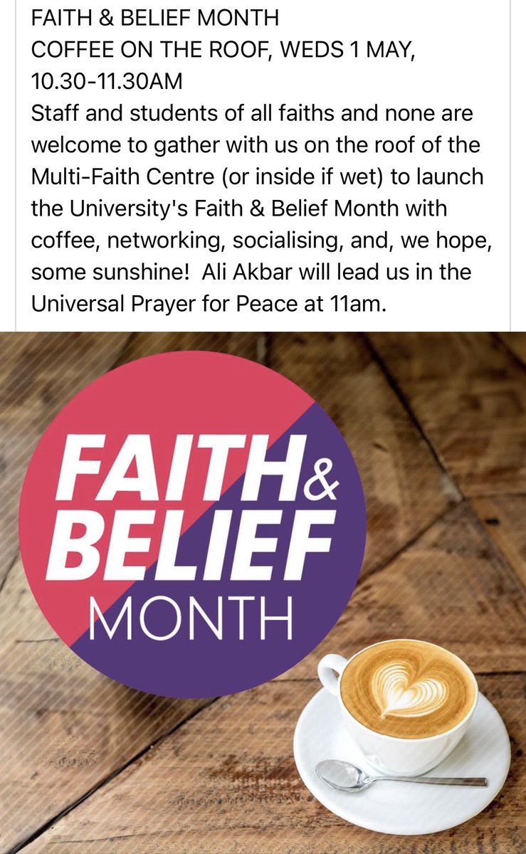 Tomorrow (1 May) we mark the beginning of our Faith &amp; Belief month.  Why not join the chaplaincy team at the Multi Faith Centre for coffee/tea/ juice -  tomorrow at 10.30am-  see you there!