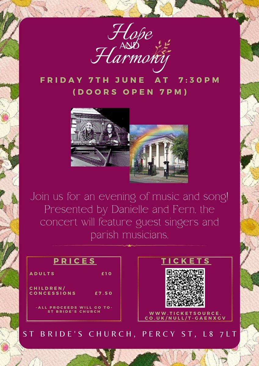 Two of our wonderful musicians, Danielle and Fern, are putting on a concert on the 7th of June at 7:00PM, with all proceeds going to St Brides Church. Tickets are £10 for adults and £7.50 for children/consessions and can be baught here: buff.ly/3UlYnhv